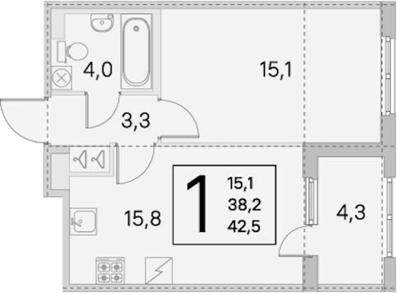 1-комнатная квартира 38.2 м², 2/5 эт., ЖК «ЮгТаун. Олимпийские кварталы»